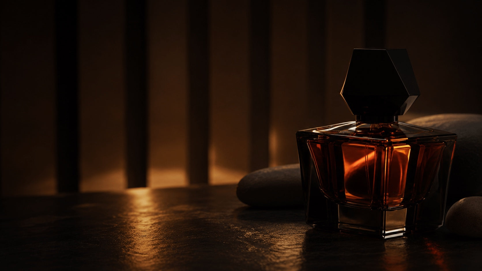 Amber fragrance bottle in warm evening light